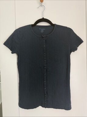 St. George Navy Pointelle Short-Sleeve Button-Down Top